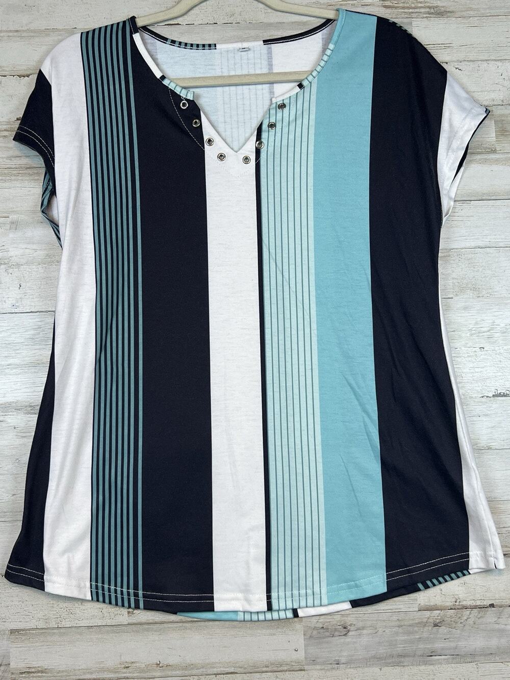 Blue Black White Striped Blouse Grommet Detail Women's Size M Cap Sleeve